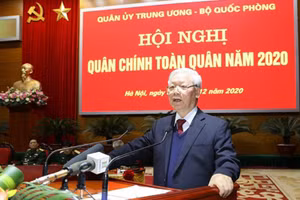 Tổng Bí thư, Chủ tịch nước Nguyễn Phú Trọng, Bí thư Quân ủy T.Ư phát biểu chỉ đạo Hội nghị. (Ảnh: TTXVN)