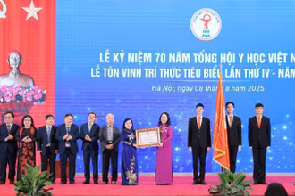 Phó Chủ tịch nước Võ Thị Ánh Xuân trao Huân chương Lao động hạng nhất tặng Tổng hội Y học Việt Nam (Ảnh LÊ ĐÔNG/TTXVN)