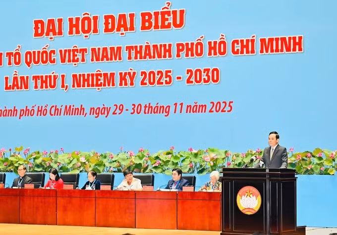 Bí thư Thành ủy Thành phố Hồ Chí Minh Trần Lưu Quang phát biểu tại Đại hội. (Ảnh: VIỆT DŨNG) 