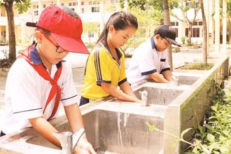 Học sinh Trường tiểu học Lý Nhơn, xã An Lợi Đông sử dụng nước máy của thành phố, bảo đảm nguồn nước sinh hoạt ổn định và an toàn.