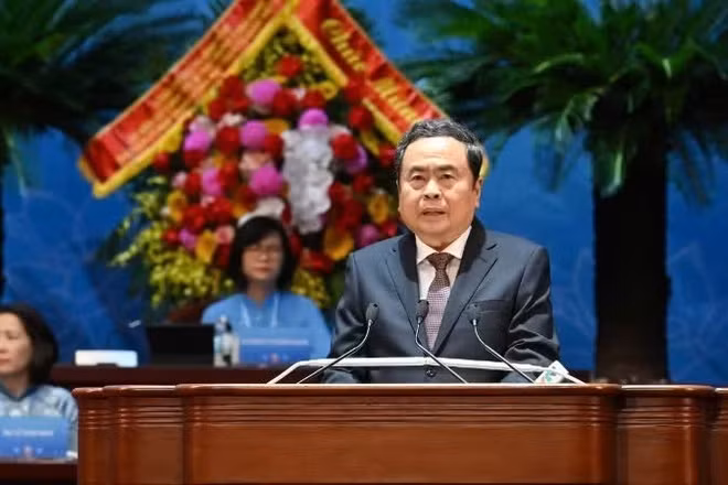 Chủ tịch Quốc hội Trần Thanh Mẫn phát biểu tại Đại hội. (Ảnh: THỦY NGUYÊN)