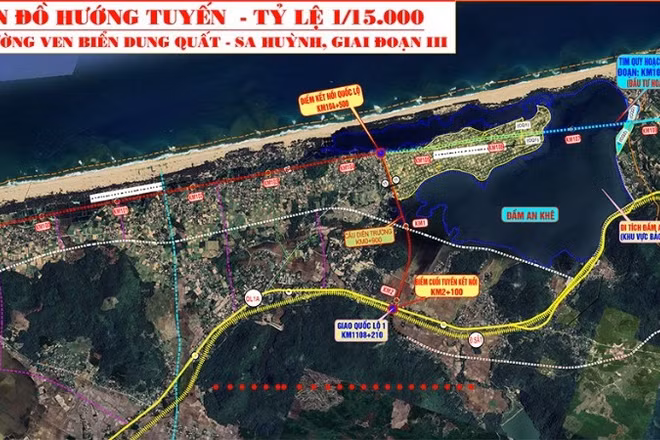 Bản đồ hướng tuyến dự án đường ven biển Dung Quất-Sa Huỳnh giai đoạn 3.