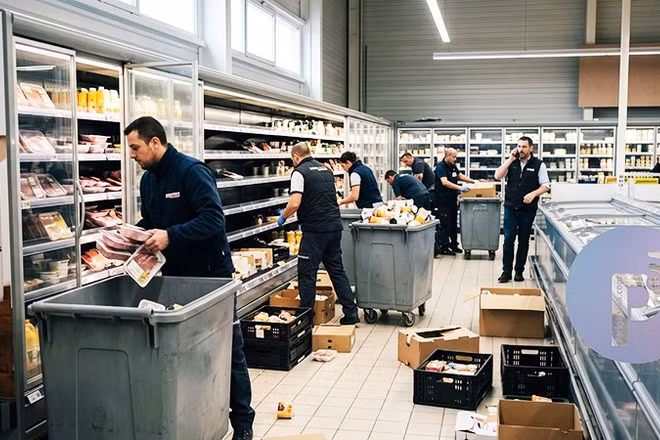 Nhân viên Intermarche phải vứt bỏ thực phẩm sau vụ tấn công mạng. Ảnh: REUTERS