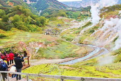 Khách du lịch trên đài quan sát ở thung lũng mạch nước phun. Ảnh: WN