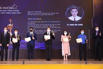 Đồng chí Bùi Quang Huy (ngoài cùng bên phải) trao giải thưởng khoa học công nghệ Quả cầu vàng 2021 tặng 5 tài năng trẻ tiêu biểu có mặt tại buổi lễ. 