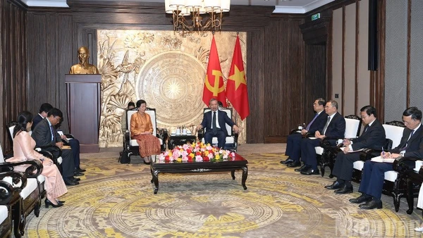 Quang cảnh buổi tiếp Đại sứ Chea Kimtha tại Trụ sở Trung ương Đảng. (Ảnh: ĐĂNG KHOA)