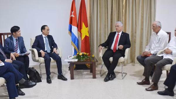 Đồng chí Lê Hoài Trung hội kiến Bí thư thứ nhất, Chủ tịch nước Miguel Diaz-Canel. (Ảnh: TTXVN)