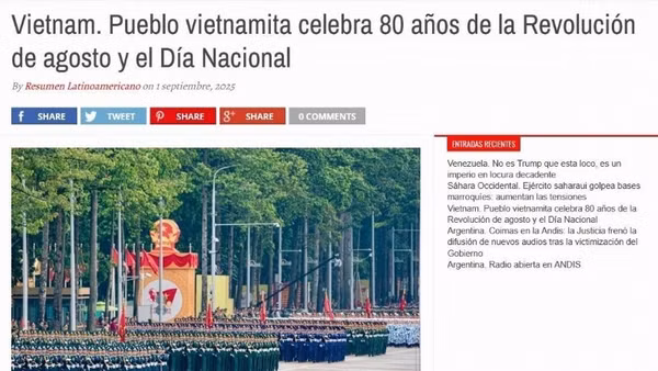 Ảnh chụp màn hình bài báo về Lễ diễu binh, diễu hành kỷ niệm 80 năm Cách mạng Tháng Tám thành công và Quốc khánh Việt Nam. (Ảnh: Phóng viên TTXVN tại Argentina) 
