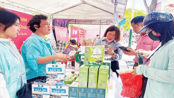 Người dân mua sắm tại các gian hàng trong hội chợ. (Ảnh XUÂN TRƯỜNG)