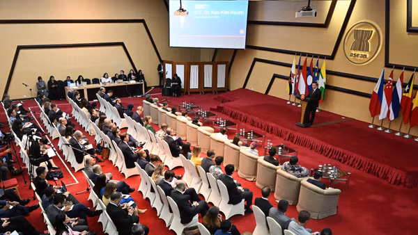 Quang cảnh lễ công bố kết quả Hội nghị cấp cao ASEAN lần thứ 48 và các hội nghị liên quan. (Ảnh: TTXVN)