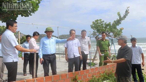 Chủ tịch Ủy ban nhân dân tỉnh Gia Lai Phạm Anh Tuấn kiểm tra công tác phòng, chống bão tại xã Cát Tiến.