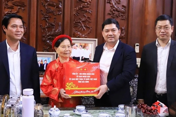 Đồng chí Bí thư Tỉnh ủy Bắc Ninh Nguyễn Hồng Thái và các đồng chí lãnh đạo tỉnh động viên, tặng quà Tết cụ Lê Thị Sậu (thôn Núi Móng, xã Đại Đồng).