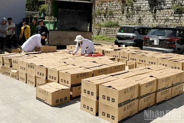 Hơn 7 tấn nguyên liệu để sản xuất cà-phê giả bị thu giữ để lấy mẫu giám định.