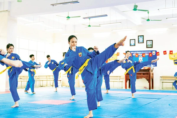 Các VĐV đội tuyển Vovinam tập luyện tại Trung tâm Huấn luyện và Thi đấu TDTT tỉnh. Ảnh: B.TH