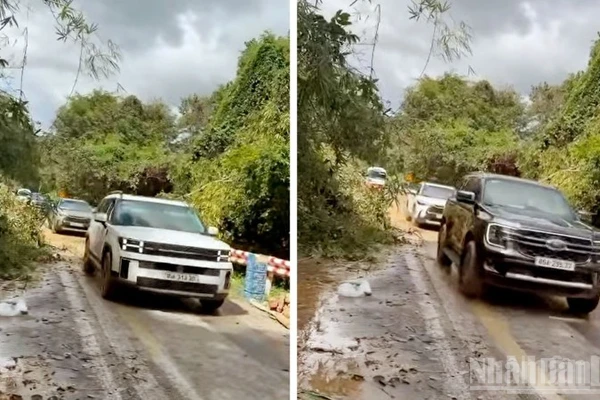 Sau nhiều giờ xử lý sạt lở, hơn 20 ô-tô bị mắc kẹt trên đèo Gia Bắc được giải cứu an toàn. Ảnh: người dân cung cấp.