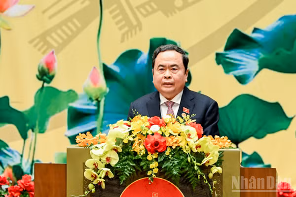 Chủ tịch Quốc hội Trần Thanh Mẫn phát biểu tại lễ kỷ niệm. (Ảnh: DUY LINH)