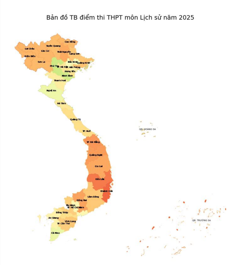 Bản đồ điểm trung bình thi môn Lịch sử Kỳ thi tốt nghiệp THPT năm 2025 (Nguồn: Bộ Giáo dục và Đào tạo) s1.png