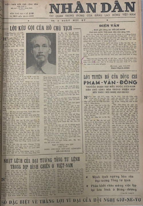 Lời kêu gọi của Chủ tịch Hồ Chí Minh được đăng trên trang nhất của Báo Nhân Dân, số 208 (từ ngày 25/7 đến 27/7/1954).
