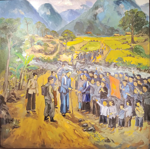 Dân bản Pác Bó tiễn đưa lãnh tụ Nguyễn Ái Quốc và đoàn cán bộ cách mạng đi Tân Trào (Tuyên Quang). Tranh tư liệu rung-xua-03.jpg