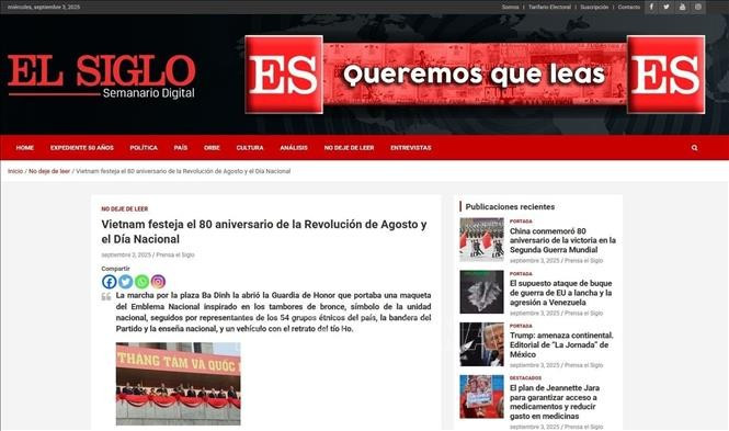 Bài đăng trên báo El Siglo, cơ quan ngôn luận của Đảng Cộng sản Chile, ngày 3/9/2025. (Ảnh: TTXVN phát) Bài đăng trên báo El Siglo, cơ quan ngôn luận của Đảng Cộng sản Chile, ngày 3/9/2025. (Ảnh: TTXVN phát)