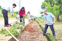 Cán bộ, nhân dân xã Đăk Hà tham gia trồng cây, tạo hàng rào xanh trên địa bàn.