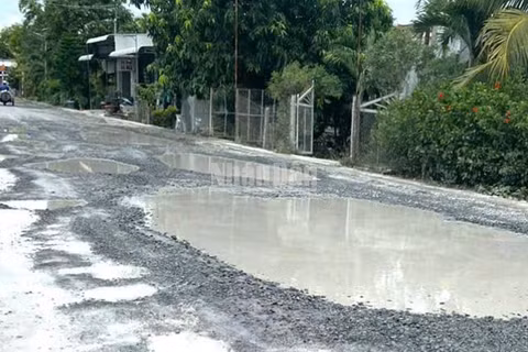 Nhiều "ổ gà, ổ voi" xuất hiện trên tuyến Quốc lộ 30, đoạn qua địa phận ấp Gò Da, xã Tân Hồng, tỉnh Đồng Tháp.