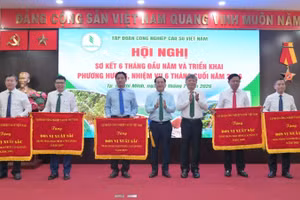 Lãnh đạo Tập đoàn Công nghiệp Cao-su Việt Nam trao cờ thi đua của Tập đoàn cho các đơn vị thực hiện tốt phong trào thi đua.