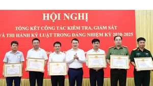 Đồng chí Đặng Khánh Toàn, Bí thư Tỉnh ủy Nam Định trao Bằng khen cho 7 tập thể tiêu biểu.