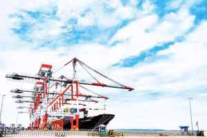 Tàu container cỡ lớn vào cảng biển tại khu vực Cái Mép-Thị Vải làm hàng.