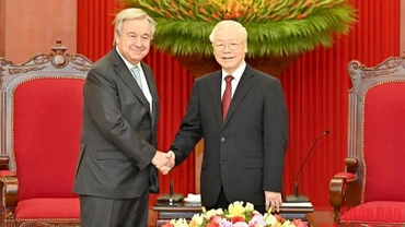 [Ảnh] Tổng Bí thư Nguyễn Phú Trọng tiếp Tổng Thư ký Liên hợp quốc Antonio Guterres
