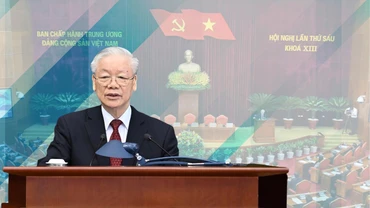 Tổng Bí thư Nguyễn Phú Trọng phát biểu bế mạc hội nghị. (Ảnh: ĐĂNG KHOA)