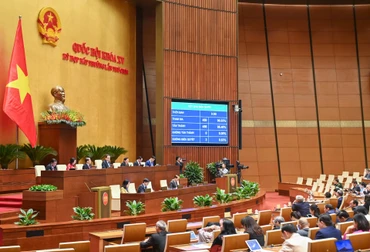 Quốc hội biểu quyết thông qua Nghị quyết quy định về xử lý một số vấn đề liên quan đến sắp xếp tổ chức bộ máy nhà nước, sáng 19/2. Ảnh: DUY LINH