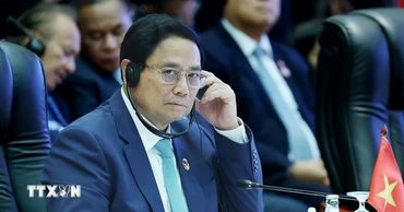 Thủ tướng Phạm Minh Chính phát biểu tại Hội nghị cấp cao ASEAN-Ấn Độ lần thứ 21. (Ảnh: Dương Giang/TTXVN)