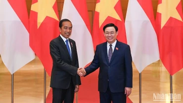 Chủ tịch Quốc hội Vương Đình Huệ và Tổng thống Indonesia Joko Widodo. (Ảnh: DUY LINH)