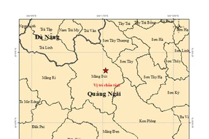 Bản đồ chấn tâm trận động đất có độ lớn 3,8 xảy ra tại xã Măng Bút, tỉnh Quảng Ngãi. (Ảnh: Viện Các khoa học Trái đất)