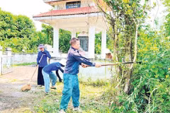 Anh Triệu Văn Nam, Bí thư Chi bộ, Trưởng thôn Nà Tu, xã Cẩm Giàng cùng đoàn viên, thanh niên vệ sinh Đài tưởng niệm liệt sĩ xã (Ảnh TUẤN SƠN)