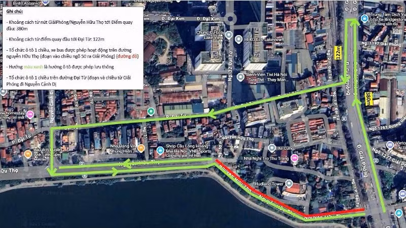 Sơ đồ hướng dẫn phương án điều chỉnh tổ chức giao thông tại nút giao Giải Phóng-Nguyễn Hữu Thọ và trên trục đường Nguyễn Hữu Thọ-Đại Từ.