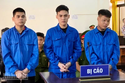 Tấn (bìa trái), Quý và Thật (bìa phải) tại phiên tòa. (Ảnh: VĂN VŨ)