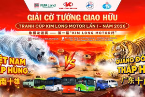 Poster giới thiệu Giải Cờ tướng giao hữu quốc tế Việt Nam-Trung Quốc (Quảng Đông) tranh Cúp Kim Long Motor lần thứ nhất.