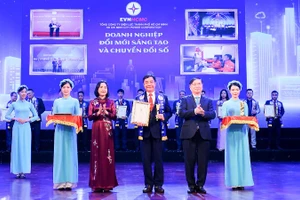 Ông Nguyễn Thanh Nhã, Phó Tổng giám đốc EVNHCMC đại diện EVNHCMC (thứ 3 từ phải qua) thay mặt đơn vị nhận giải thưởng.
