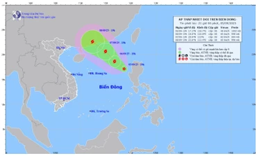 Bản đồ dự báo quỹ đạo và cường độ áp thấp nhiệt đới lúc 21 giờ ngày 5/9/2025. (Ảnh: Trung tâm Dự báo khí tượng thủy văn quốc gia)