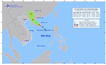 Bản đồ dự báo quỹ đạo và cường độ áp thấp nhiệt đới lúc 20 giờ ngày 25/6. (Ảnh: Trung tâm Dự báo khí tượng thủy văn quốc gia)