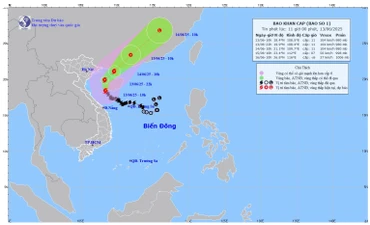 Bản đồ dự báo quỹ đạo và cường độ Bão số 1 lúc 11 giờ ngày 13/6. (Ảnh: Theo Trung tâm Dự báo khí tượng thủy văn quốc gia)