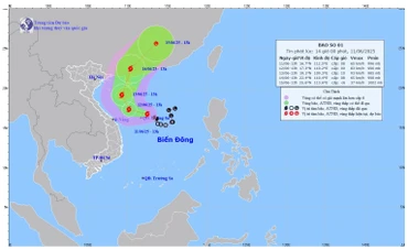 Bản đồ dự báo quỹ đạo và cường độ Bão số 1 lúc 14 giờ chiều 11/6. (Ảnh: Trung tâm Dự báo khí tượng thủy văn quốc gia)