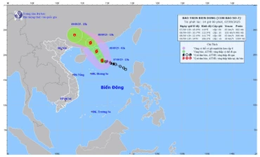 Bản đồ dự báo quỹ đạo và cường độ bão lúc 14 giờ ngày 7/9/2025. (Ảnh: Trung tâm Dự báo khí tượng thủy văn quốc gia)