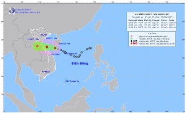 Bản đồ dự báo quỹ đạo và cường độ áp thấp nhiệt đới lúc 5 giờ sáng 30/8/2025. (Ảnh: Trung tâm Dự báo khí tượng thủy văn quốc gia)