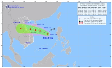 Bản đồ dự báo quỹ đạo và cường độ áp thấp nhiệt đới lúc 14 giờ chiều 28/8/2025. (Ảnh: Trung tâm Dự báo khí tượng thủy văn quốc gia)