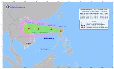 Bản đồ dự báo quỹ đạo và cường độ của áp thấp nhiệt đới lúc 14 giờ ngày 22/8/2025. (Ảnh: Trung tâm Dự báo khí tượng thủy văn quốc gia)