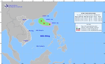 Bản đồ dự báo quỹ đạo và cường độ áp thấp nhiệt đới lúc 5 giờ sáng 8/8/2025. (Ảnh: Trung tâm Dự báo khí tượng thủy văn quốc gia)