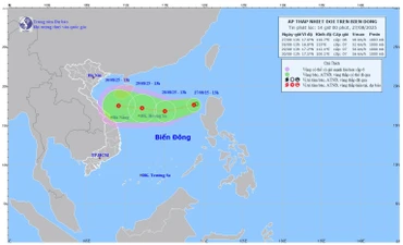 Bản đồ dự báo quỹ đạo và cường độ áp thấp nhiệt đới lúc 14 giờ ngày 27/8/2025. (Ảnh: Trung tâm Dự báo khí tượng thủy văn quốc gia)
